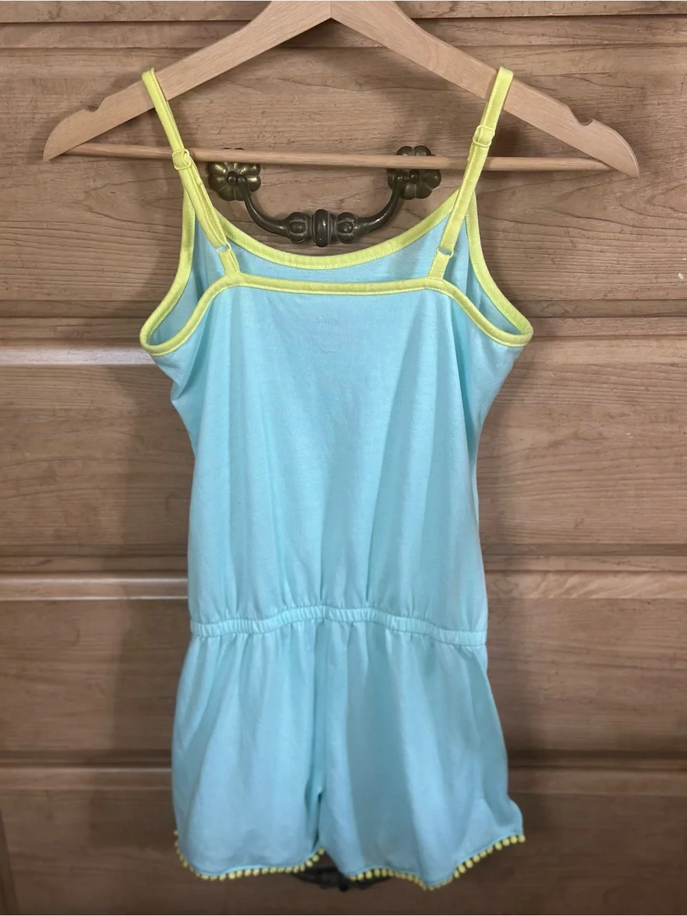 Light Blue Graphic Smiley Romper with Neon Tassled Trim | Size 12